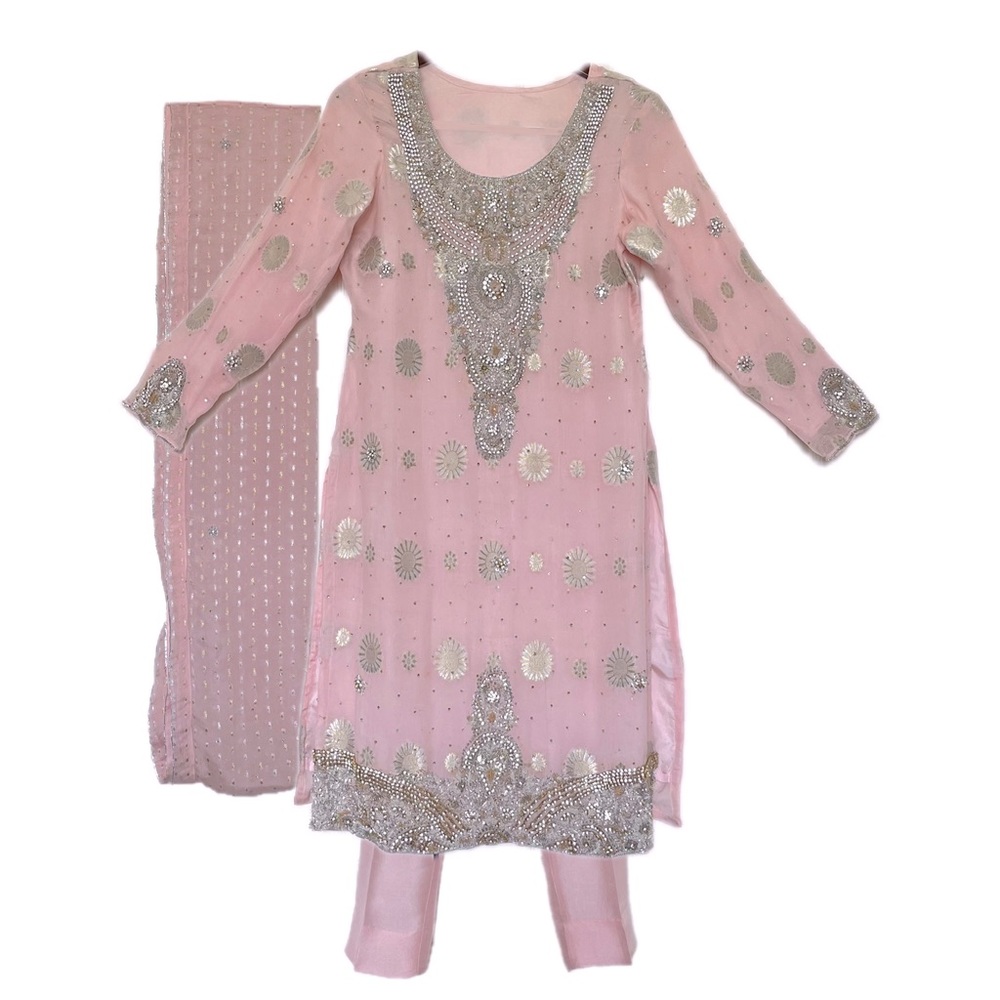 3 Piece Pink Chiffon Suit with Silk Pants and Chiffon Dupatta